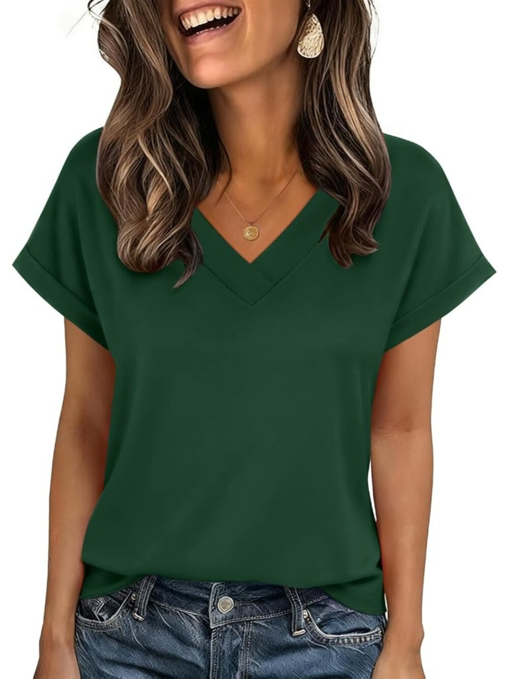 Women's Green Short Sleeve V Neck Basic Tees Shirts Casual Tops Blouses